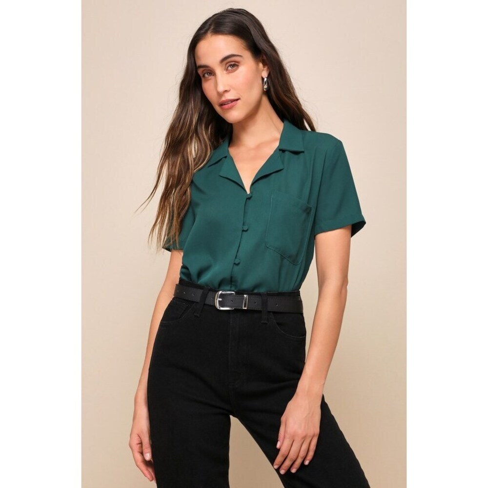 Lulus Good Luck Charm Dark Green Short Sleeve Button-up Top